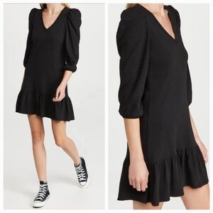 Nation Ltd Danika Flounce Dress in Jet Black 100% Cotton Peru V-Neck Puff Sleeve